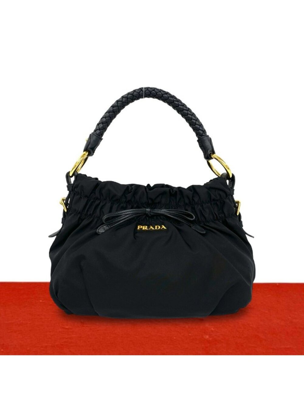 Prada Logo Ribbon Motif Tessuto Pocono Nylon Leather Handbag Bag Black